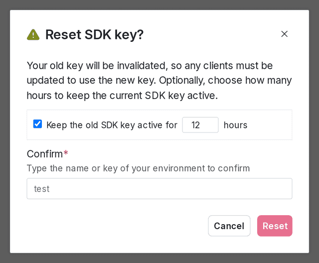 The SDK key reset dialog.