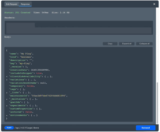 The 201 success code and JSON object response for a POST request placed from the LaunchDarkly API documentation.