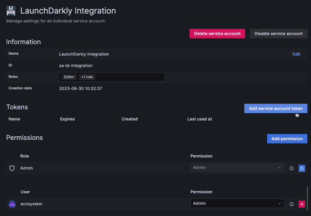 An example "Service token" page with the mouse cursor hovering over the "Add service account token" button.