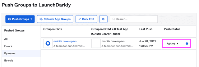 An active group push in Okta.
