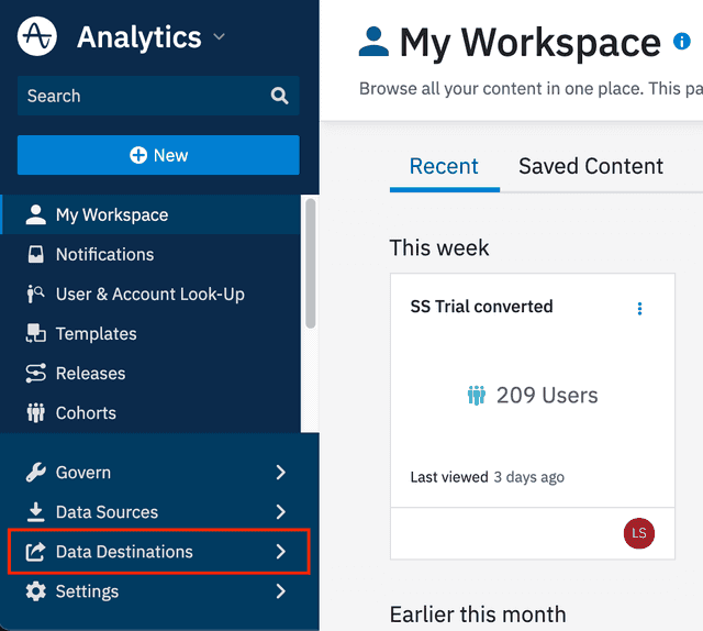 The Amplitude dashboard with the "Data Destinations" button called out.