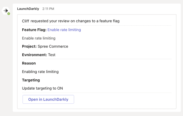 A Microsoft Teams notification from the LaunchDarkly app.