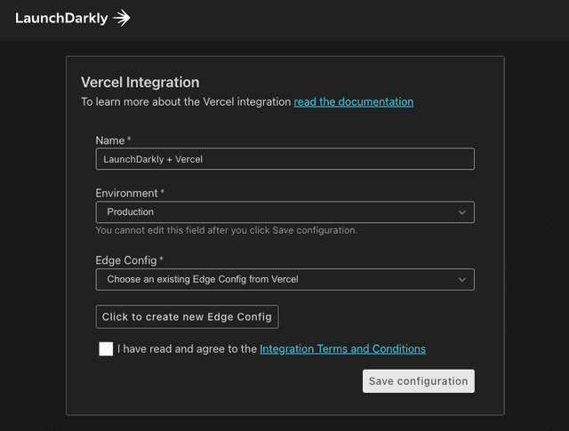 The LaunchDarkly "Vercel Integration" panel.