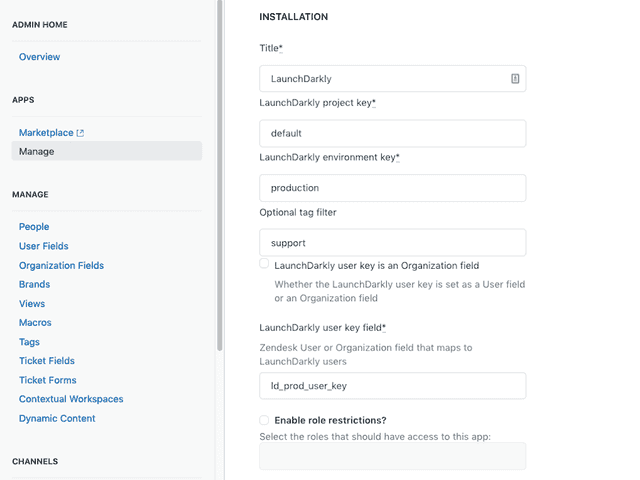 The LaunchDarkly application configuration page in Zendesk, configured with sample settings.