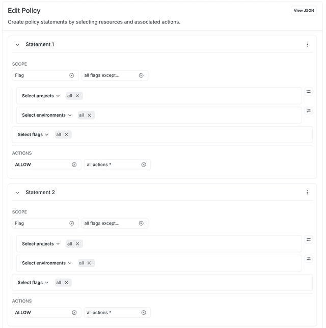 A policy allowing all actions to flags except those tagged "tag1" or "tag2." 