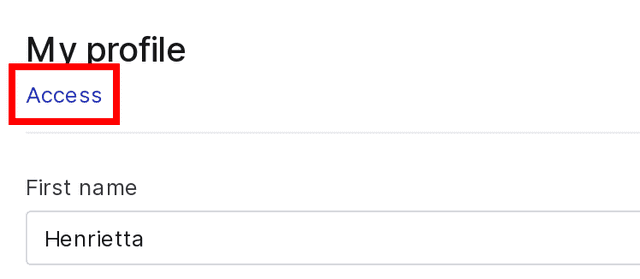 The "My profile" section with the "Access" link called out.