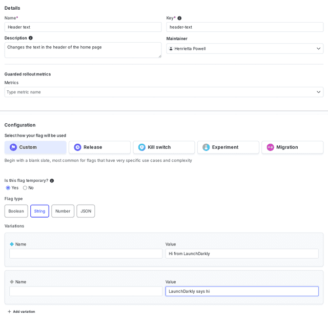 The "Create a feature flag" panel with string flag options chosen.