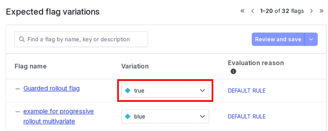 The "Expected flag variations" section with a variation called out.