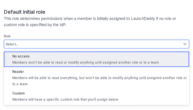 The "Default initial role" section of the SAML configuration panel.