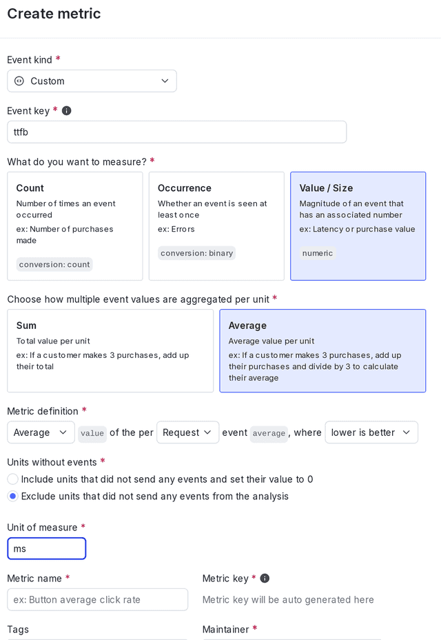 The "Create metric" dialog for a secondary custom numeric metric.