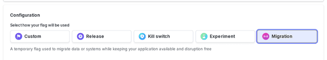 The "Configuration" panel of the flag creation page, with the "Migration" option selected.