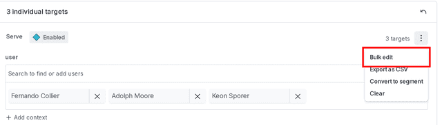 The "Individual targets" section with the "Bulk edit" option called out for user contexts.