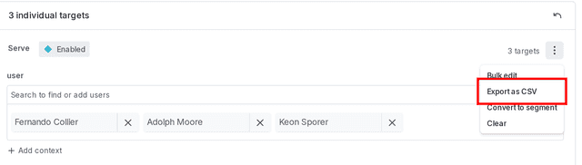 The "Individual targets" section with the "Export as CSV" option for user contexts called out.