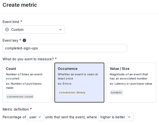 The "Create metric" dialog for a new custom conversion binary metric.