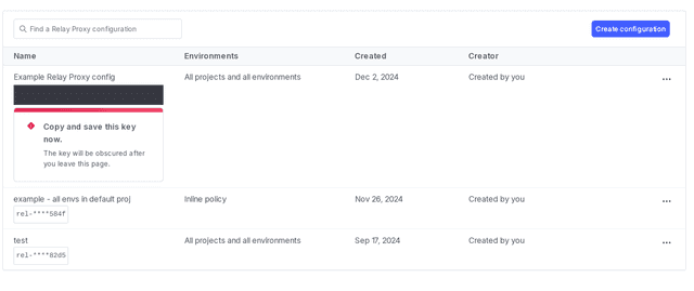 The "Relay proxy" page with a newly created Relay Proxy configuration. The key is displayed.