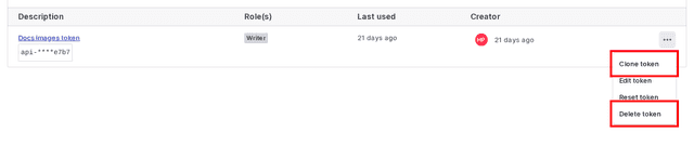 A new access token with the "Clone token" and "Delete token" options called out.